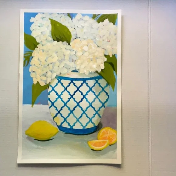 Farmhouse Style Hydrangea Painting White & Blue Vase Floral Decor Fashion Art - Picture 5 of 9